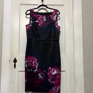 Tahari Black and Pink Floral Midi Dress